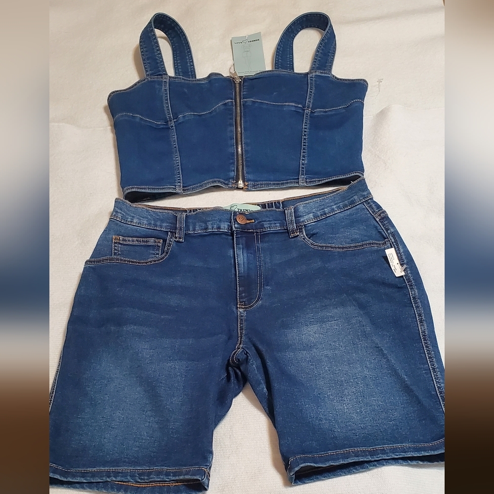 Women's Blue Denim 2 Piece Jean Shorts And Bustier Zip Top. Sz L